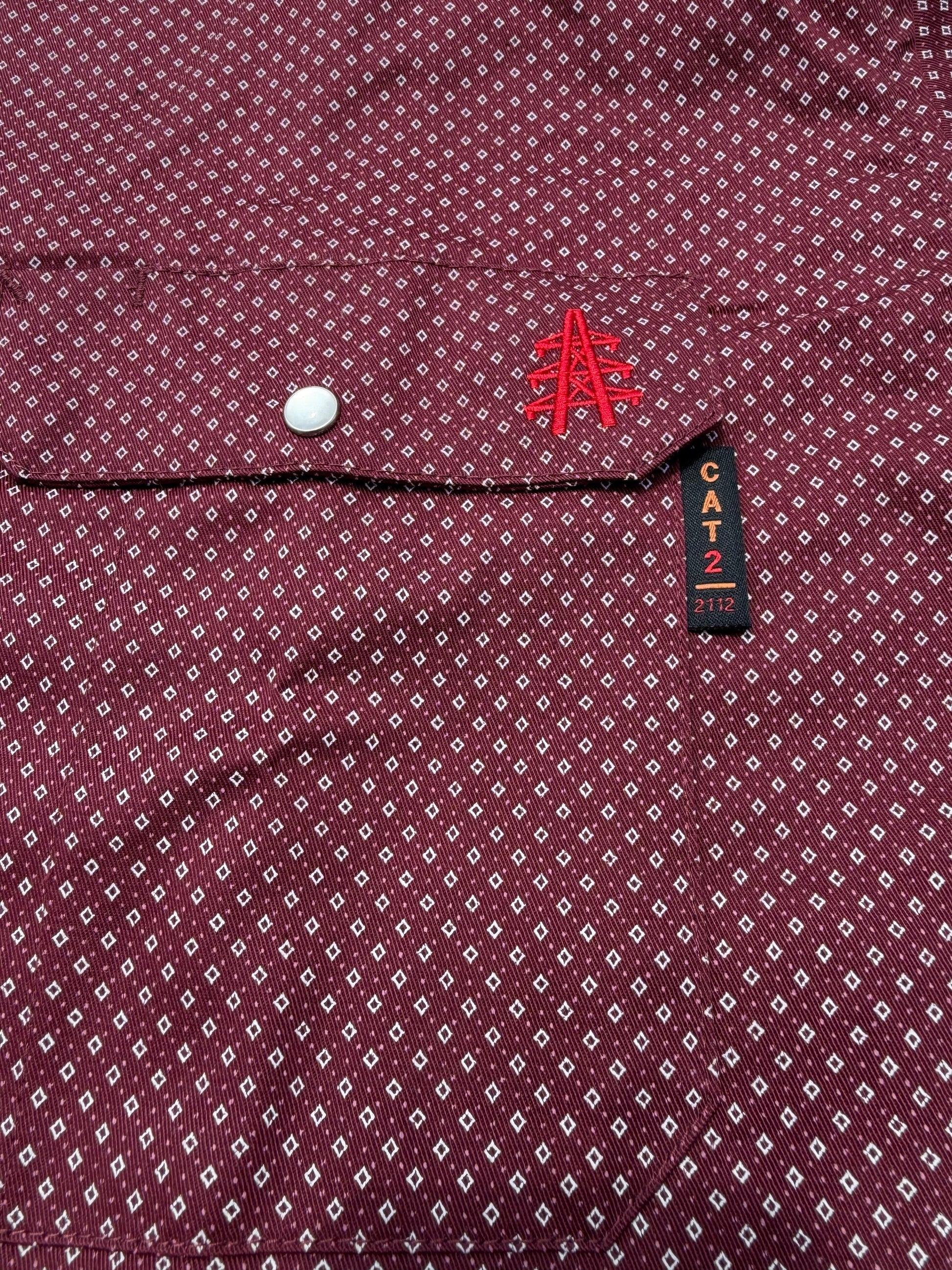 FR Pearl Snap Work Shirt Rustline maroon with white diamond pattern, pocket red embroidery on Tampa Home & Garden Store