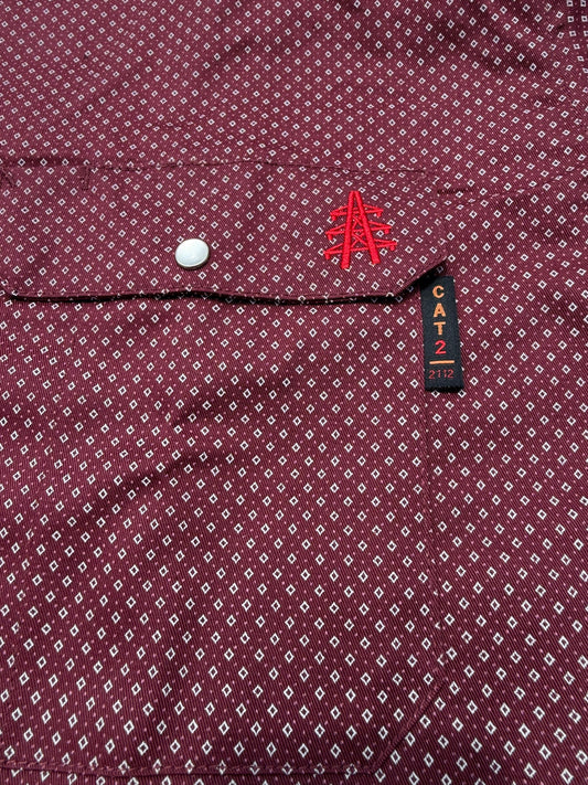 FR Pearl Snap Work Shirt Rustline maroon with white diamond pattern, pocket red embroidery on Tampa Home & Garden Store