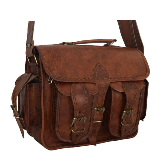 Pedro Camera Satchel Leather Messenger Bag brown leather with brass buckles and pockets on Tampa Home & Garden Store