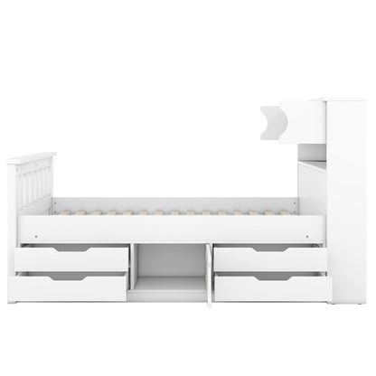 Twin Size Captain Platform Bed Frame with Storage Bookcases and Shelves,Four Drawers,White - Tampa Home & Garden Store