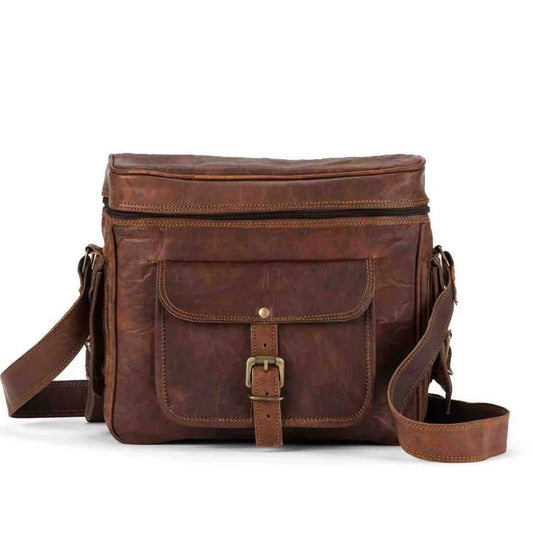 Goat leather camera bag brown with front pocket and adjustable strap on Tampa Home & Garden Store