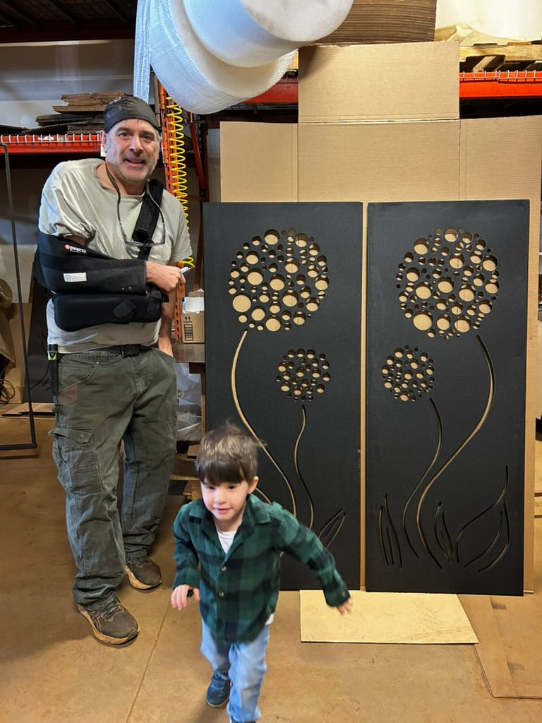 Outdoor metal privacy screen panels by Rustica Ornamentals, black steel with floral cutouts on Tampa Home & Garden Store