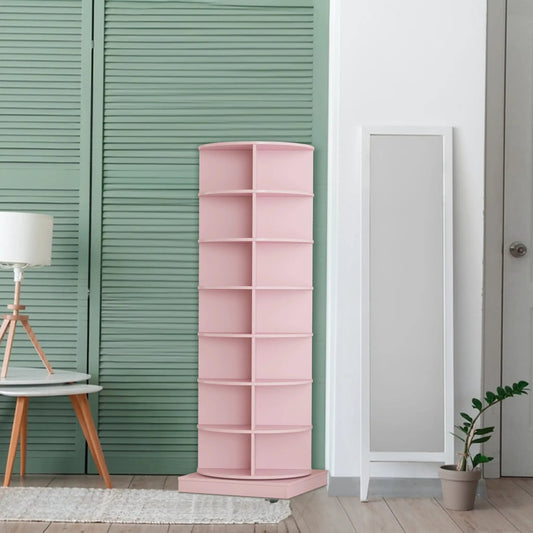 Pink 360° rotating shoe cabinet, 7-tier, holds 28 shoes, shown beside green shutters and white door on Tampa Home & Garden Store