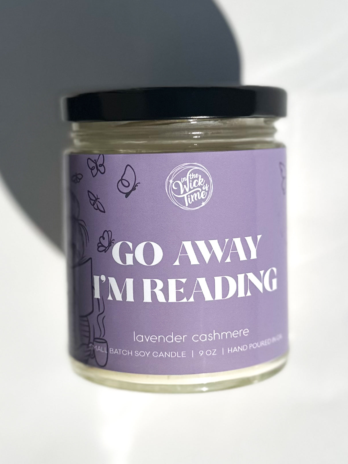 Go Away I'm Reading candle 9 oz lavender cashmere by In the Wick of Time on Tampa Home & Garden Store