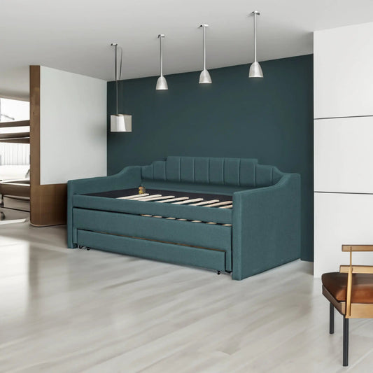 Twin upholstered daybed with teal fabric, built-in trundle and drawers, modern style on Tampa Home & Garden Store