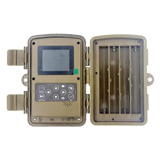 Trail camera PR700 open in waterproof housing with LCD screen and keypad; battery slots visible on Tampa Home & Garden Store