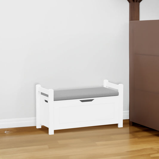 A white rubber wood children's toy box with soft cushioned seats, stools, flip covers, and safety hinges for toy storage - Tampa Home & Garden Store