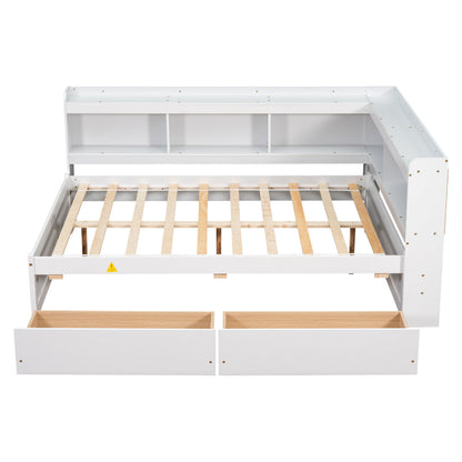 Full Bed with L-shaped Bookcases, Drawers ,White - Tampa Home & Garden Store