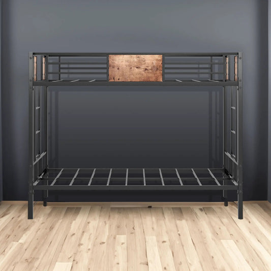 Black metal twin-over-twin bunk bed with ladder and wood panel accent on a hardwood floor on Tampa Home & Garden Store