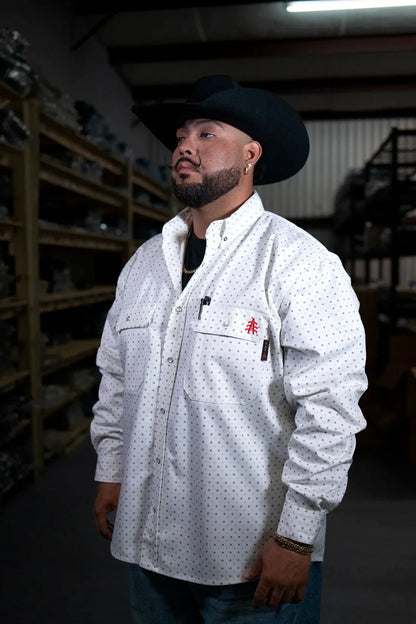 FR Pearl Snap Work Shirt Phantom White by Static FR with dotted pattern and chest pockets on Tampa Home & Garden Store