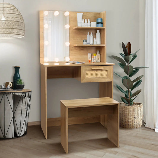 Vanity desk set with LED mirror in warm wood finish, shelves with skincare bottles and a plant on Tampa Home & Garden Store
