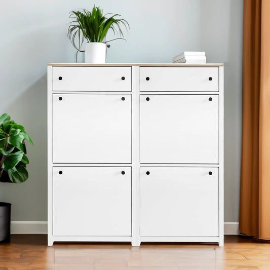 Slim white shoe cabinet set with 4 flip drawers, two units side by side, wood-toned top on Tampa Home & Garden Store