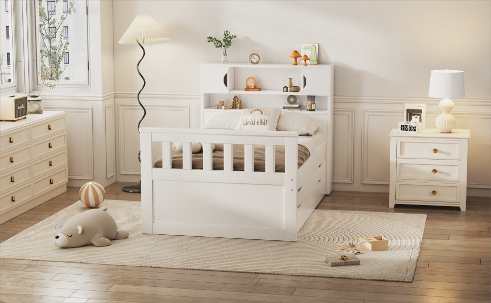 Twin Size Captain Platform Bed Frame with Storage Bookcases and Shelves,Four Drawers,White - Tampa Home & Garden Store