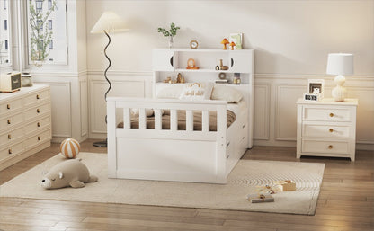 Twin Size Captain Platform Bed Frame with Storage Bookcases and Shelves,Four Drawers,White - Tampa Home & Garden Store