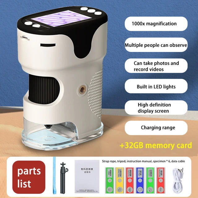 Pocket microscope display with LED, 1000x magnification, white body, screen and 32GB card on Tampa Home & Garden Store