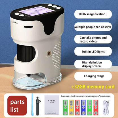 Pocket microscope display with LED, 1000x magnification, white body, screen and 32GB card on Tampa Home & Garden Store