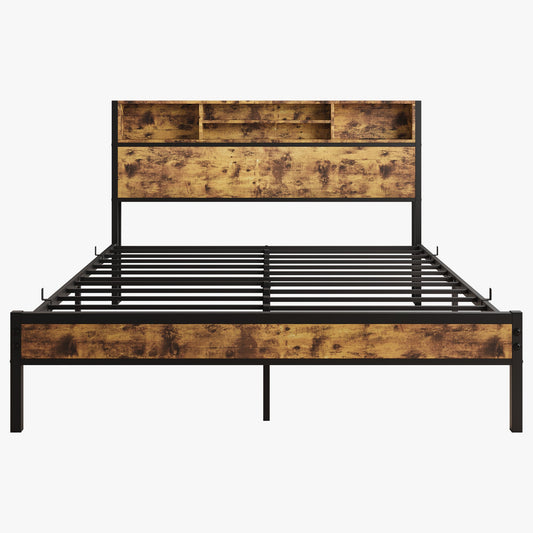 Queen Bed Frame with Storage Headboard Metal Platform Bed with Charging Station Bookcase Storage Black - Tampa Home & Garden Store