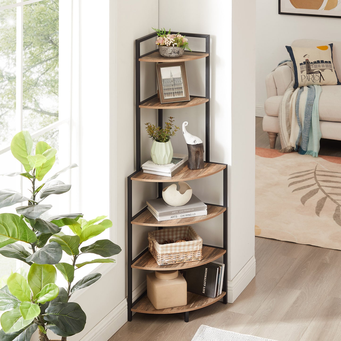 6-story corner open bookshelf modern bookshelf wooden frame independent bookshelf unit, country brown - Tampa Home & Garden Store