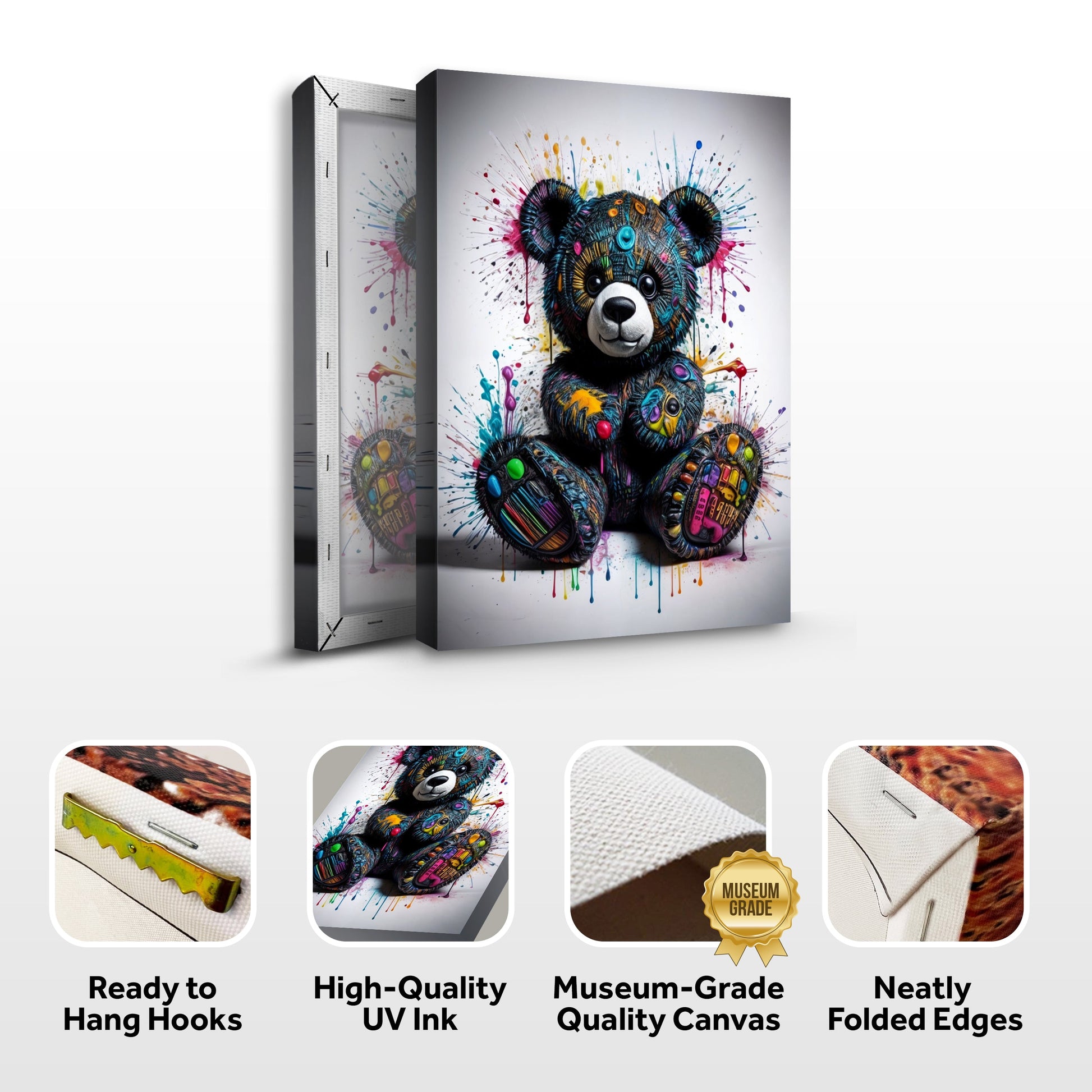 Cool Pop Teddy Wall Art canvas by Tailored Canvases, multicolor splatter bear print on Tampa Home & Garden Store