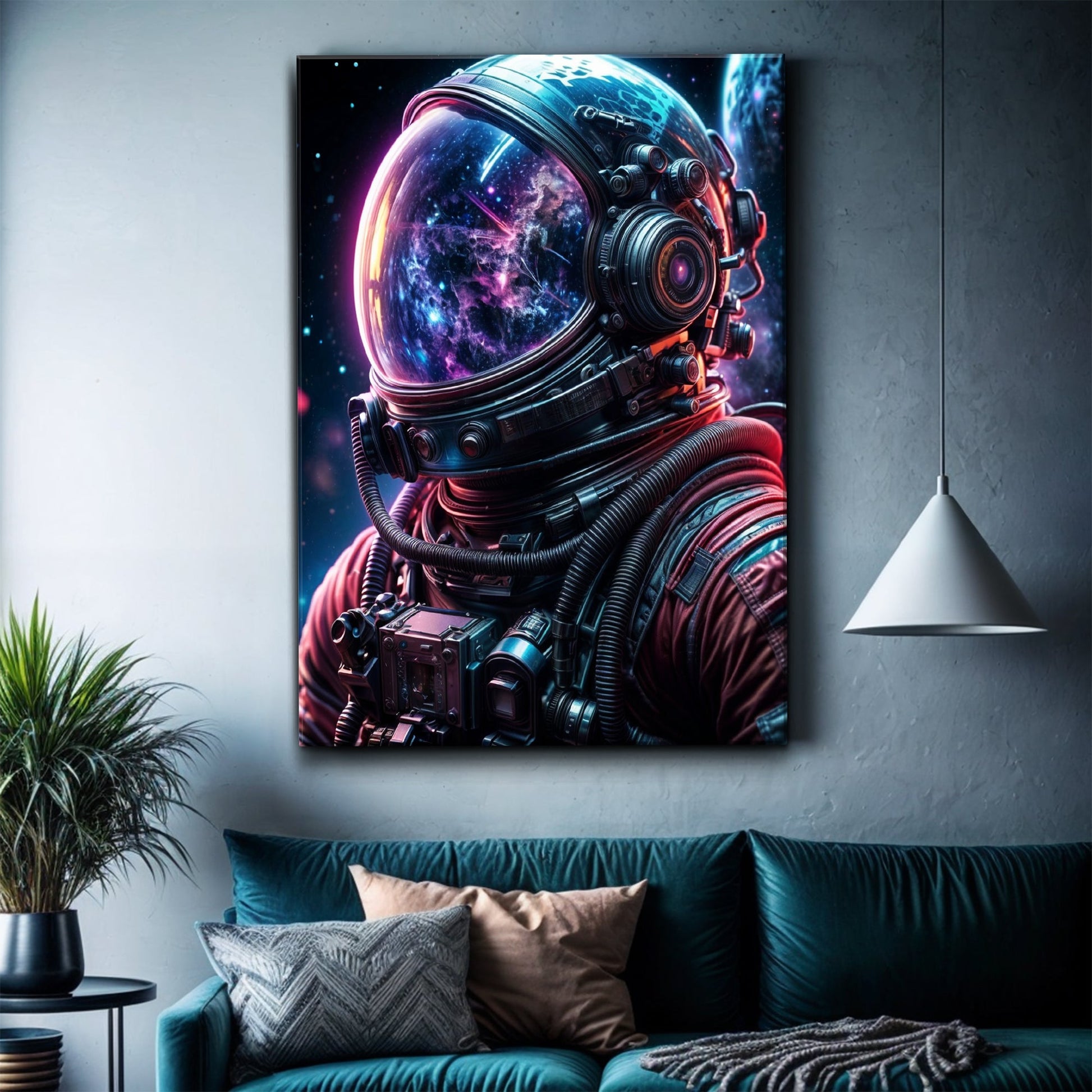 Cool Astronaut Glow Wall Art canvas by Tailored Canvases with neon-lit helmet and vibrant cosmic nebula on Tampa Home & Garden Store