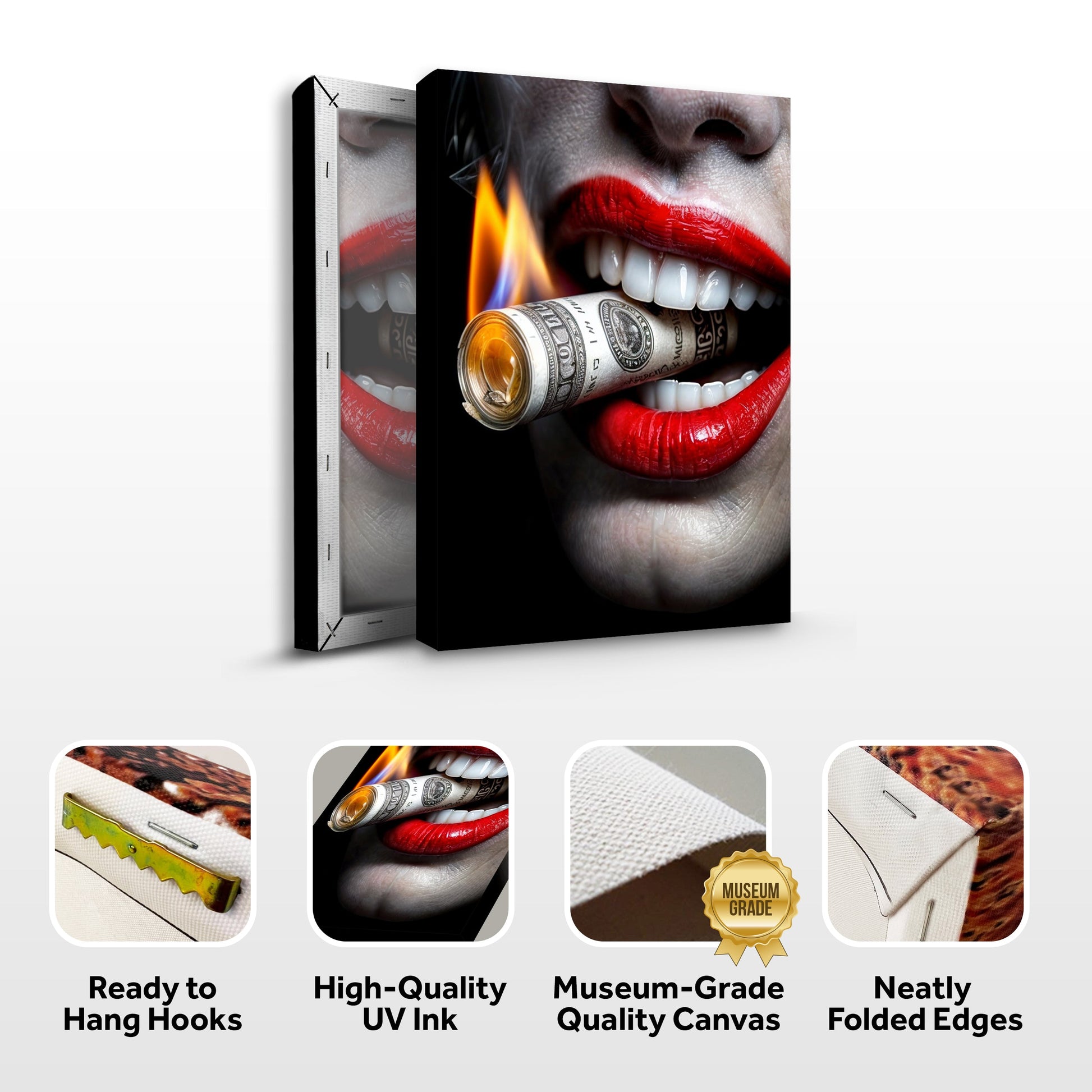 Luxurious Cool Wall Art canvas by Tailored Canvases, bold red lips bite a dollar bill on Tampa Home & Garden Store