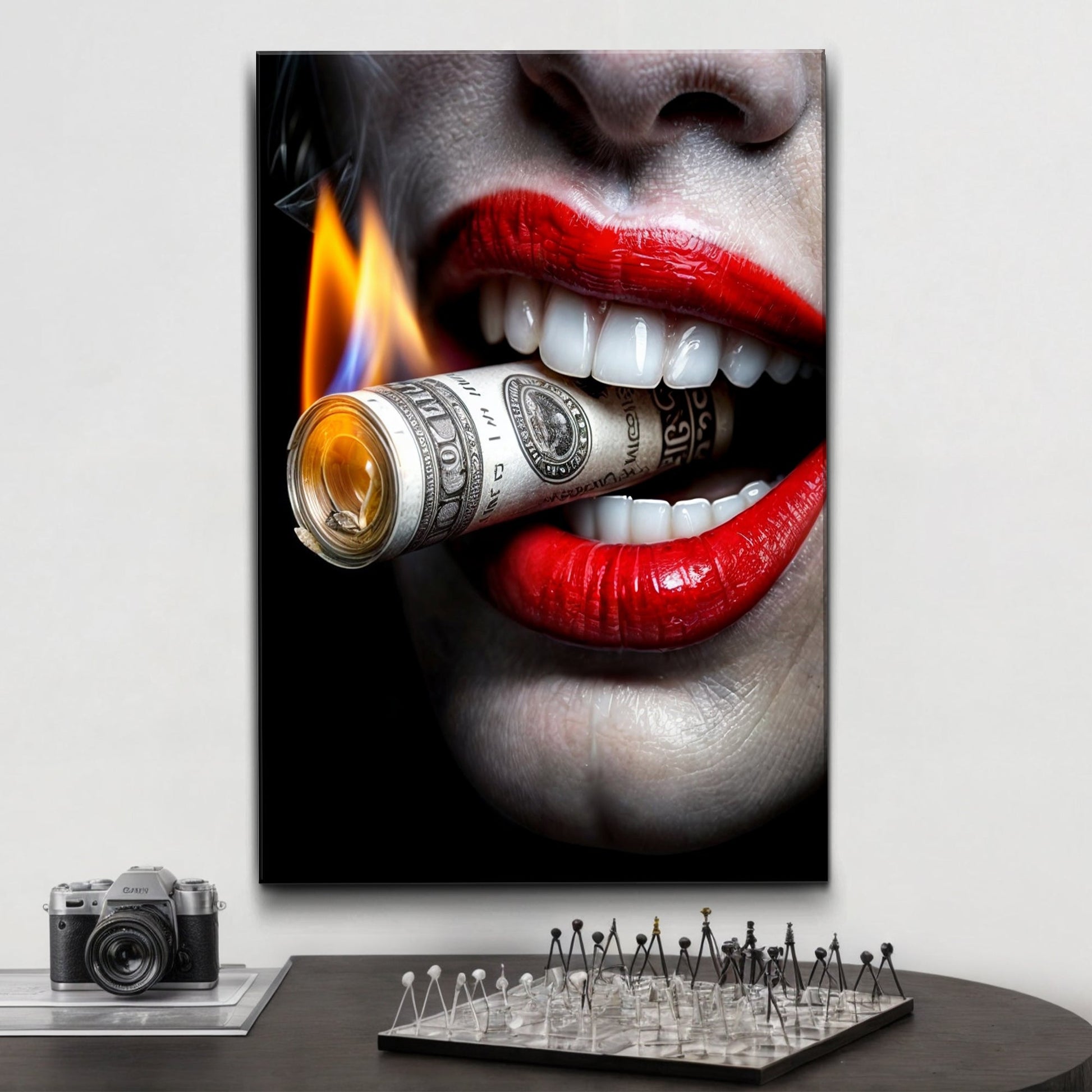 Luxurious Cool Wall Art crafting canvas by Tailored Canvases, red lips biting a dollar on Tampa Home & Garden Store