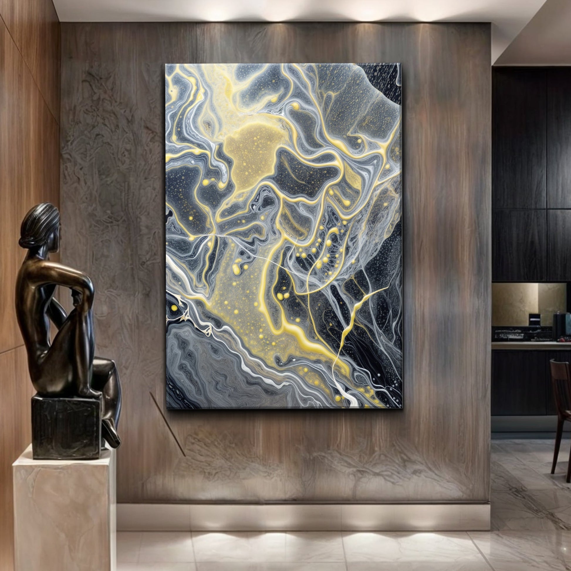 Golden Flow Wall Art canvas with yellow and gray marbled abstract swirls on Tampa Home & Garden Store