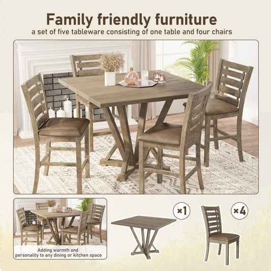 Set of 4 solid wood counter-height dining chairs with brown padded seats around a rustic table on Tampa Home & Garden Store
