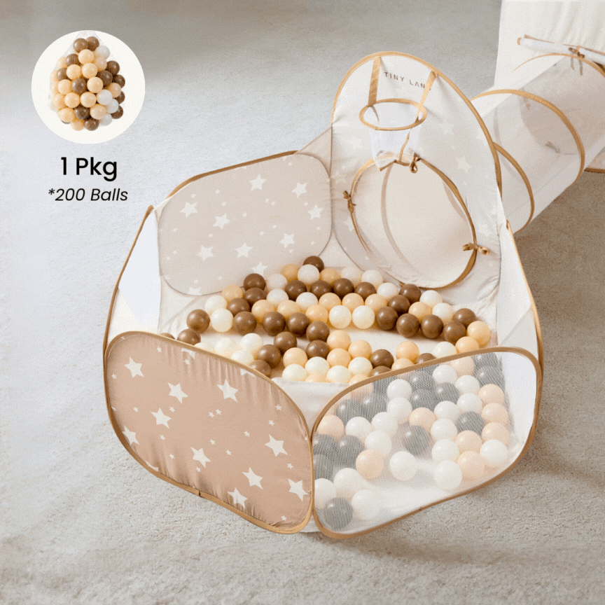Tiny Land Discovery 5-in-1 Play Tunnel beige star panels with ball pit, 200 neutral balls on Tampa Home & Garden Store