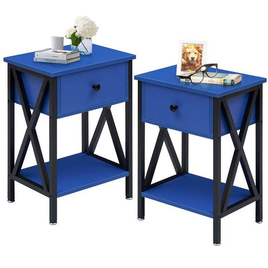Set of 2 - 1 Drawer Nightstand in Dark Blue and Black - Tampa Home & Garden Store