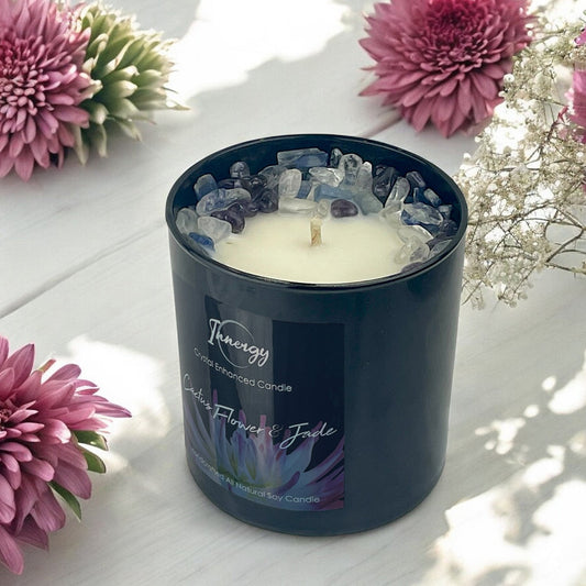 Cactus Flower and Jade Crystal Candle with Kyanite, Amethyst, and Crystal Quartz | Coconut-Soy Wax Candle, 9oz - Tampa Home & Garden Store