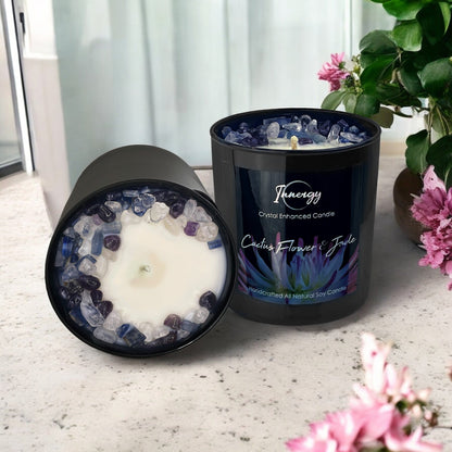Cactus Flower and Jade Crystal Candle with Kyanite, Amethyst, and Crystal Quartz | Coconut-Soy Wax Candle, 9oz