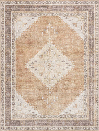 Albas washable area rug warm tan beige with antique central medallion Boutique Rugs on Tampa Home & Garden Store