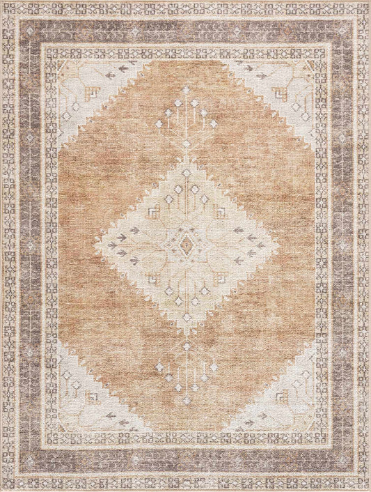 Albas washable area rug warm tan beige with antique central medallion Boutique Rugs on Tampa Home & Garden Store