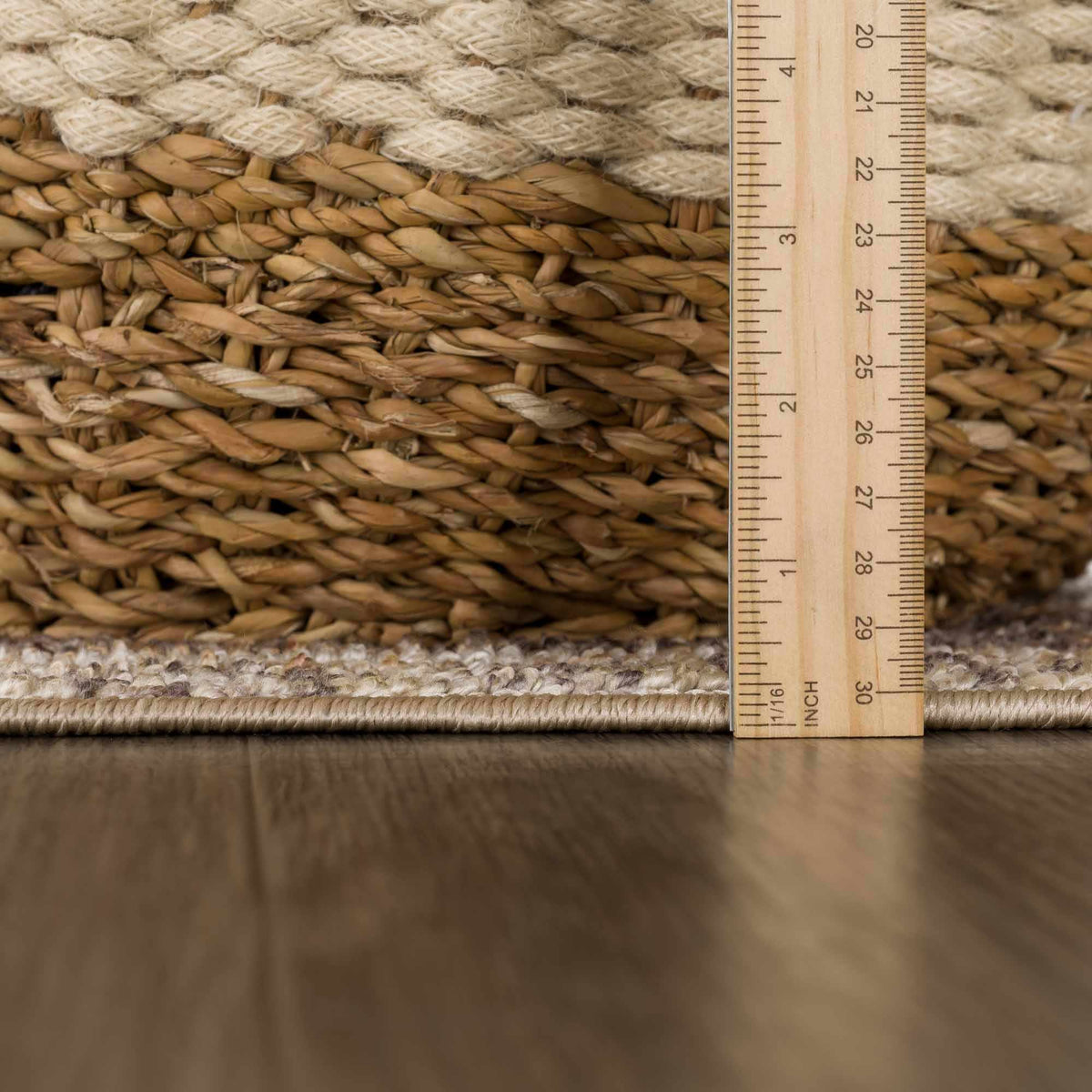 Albas washable area rug natural beige braided jute texture with scale ruler on Tampa Home & Garden Store