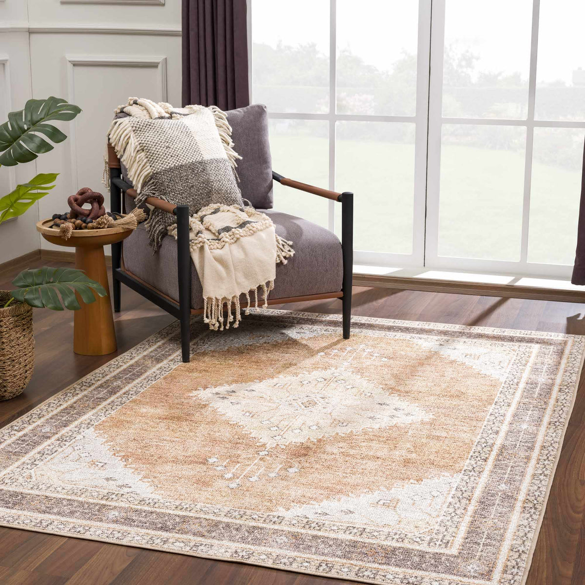Albas Washable Area Rug by Boutique Rugs, neutral beige-tan tones with decorative border on Tampa Home & Garden Store