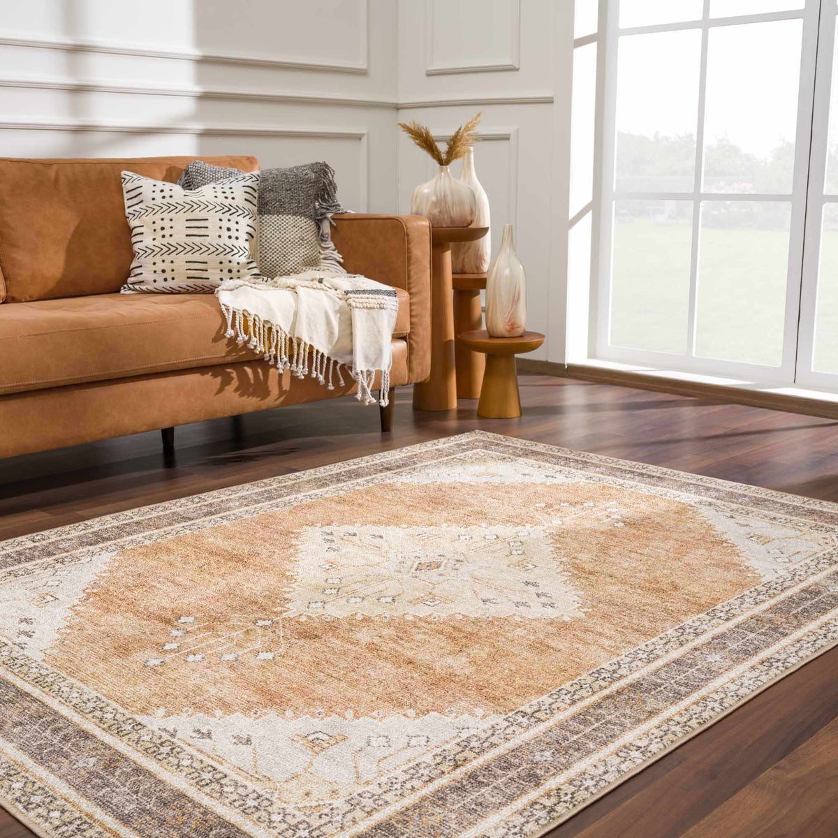 Albas Washable Area Rug tan beige with subtle border by Boutique Rugs on Tampa Home & Garden Store