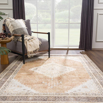 Albas washable area rug, warm tan and ivory tones with a vintage faded pattern on the living room floor on Tampa Home & Garden Store