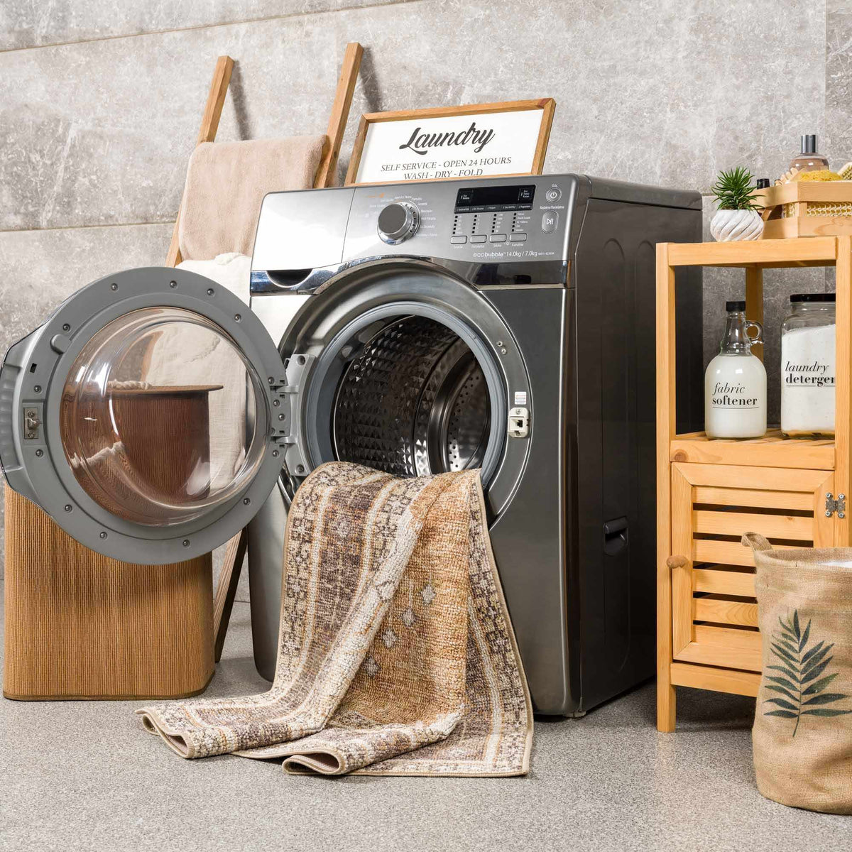 Albas washable area rug by Boutique Rugs beige brown geometric pattern in laundry room on Tampa Home & Garden Store