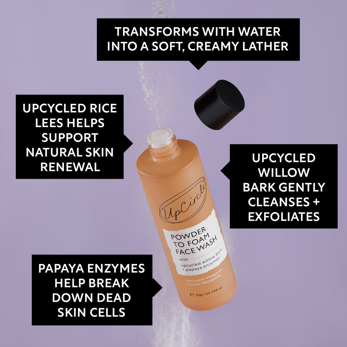 UpCircle Powder to Foam Face Wash bottle from The Daily Duo set on lavender background on Tampa Home & Garden Store