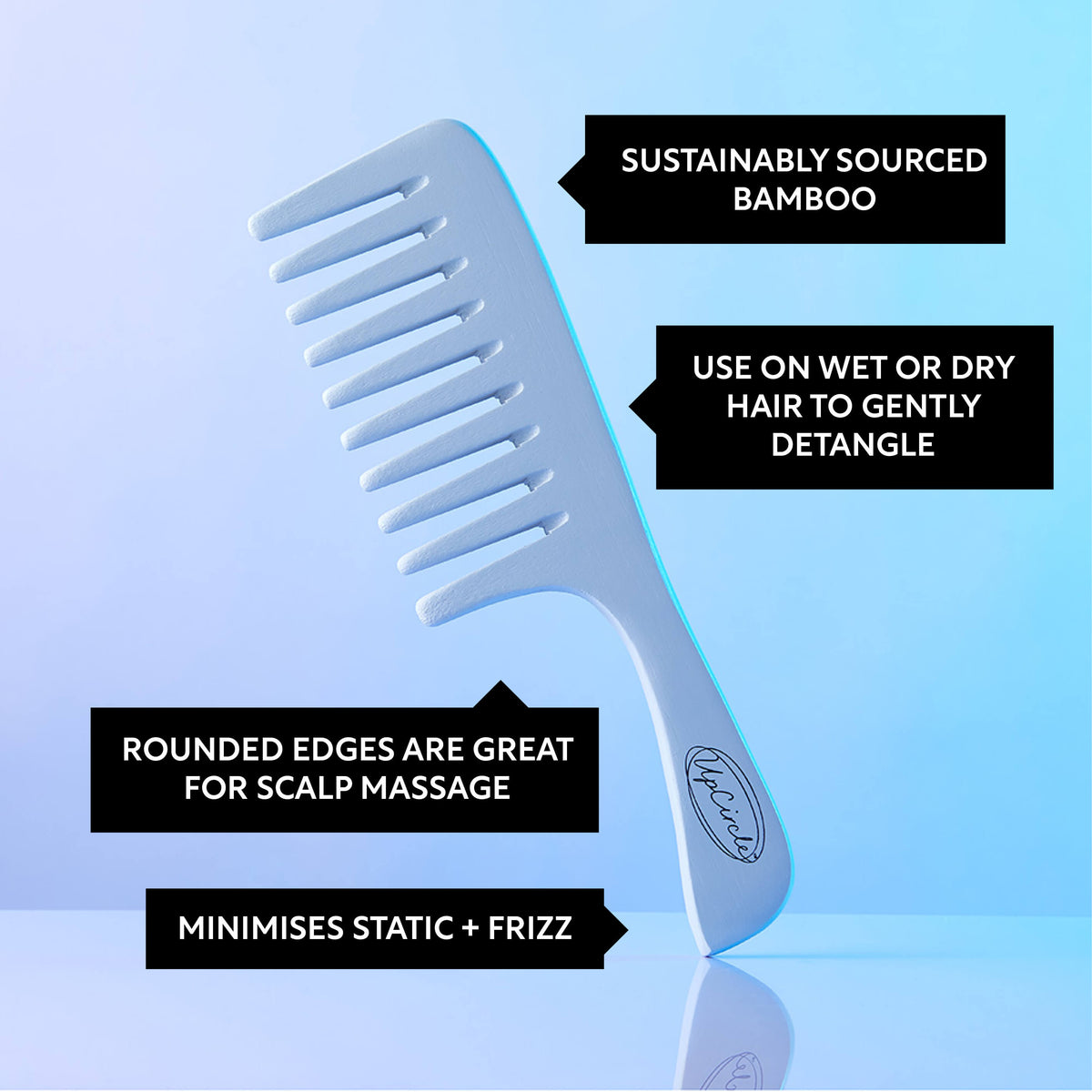 Haircare Duo + Bamboo Wide-Tooth Comb by UpCircle in blue gradient background on Tampa Home & Garden Store
