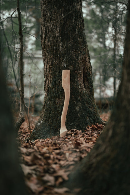 Axe handle Whiskey River 19-inch Premium Heritage natural wood leaning against a tree on Tampa Home & Garden Store