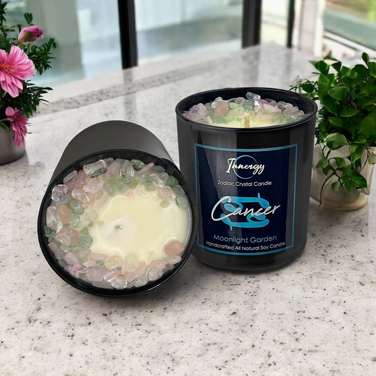 Bougie aux cristaux du signe du Cancer avec fluorite verte, rose et quartz cristal | Bougie en cire de coco et de soja, 255 g