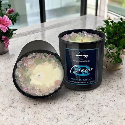 Bougie aux cristaux du signe du Cancer avec fluorite verte, rose et quartz cristal | Bougie en cire de coco et de soja, 255 g
