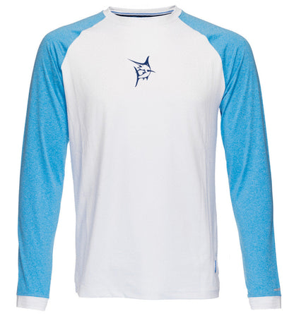 CanyonFlex long sleeve shirt white body with light blue sleeves navy chest logo White Water Life on Tampa Home & Garden Store