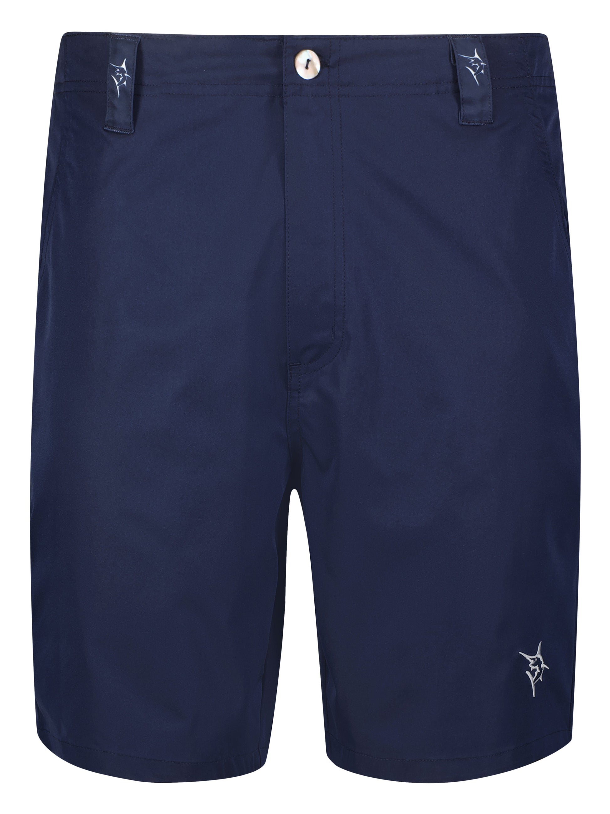 Captain Shorts navy by White Water Life with belt loops, front button, logo on leg on Tampa Home & Garden Store