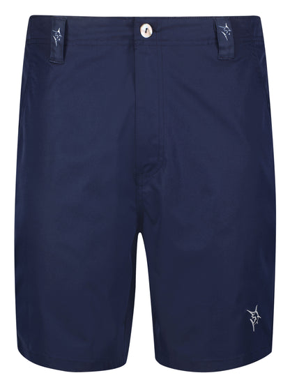 Captain Shorts navy by White Water Life with belt loops, front button, logo on leg on Tampa Home & Garden Store
