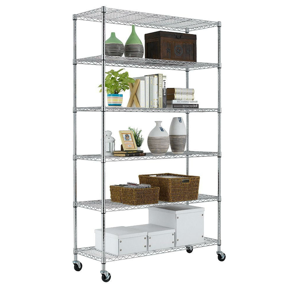 Heavy-duty 6-shelf chrome metal storage rack on casters with baskets, books, and vases on Tampa Home & Garden Store