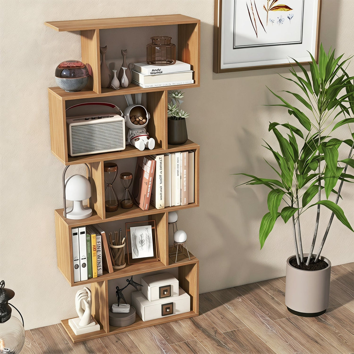 Modern 5-Tier S-Shaped Bookshelf in light wood with books and radio display on Tampa Home & Garden Store
