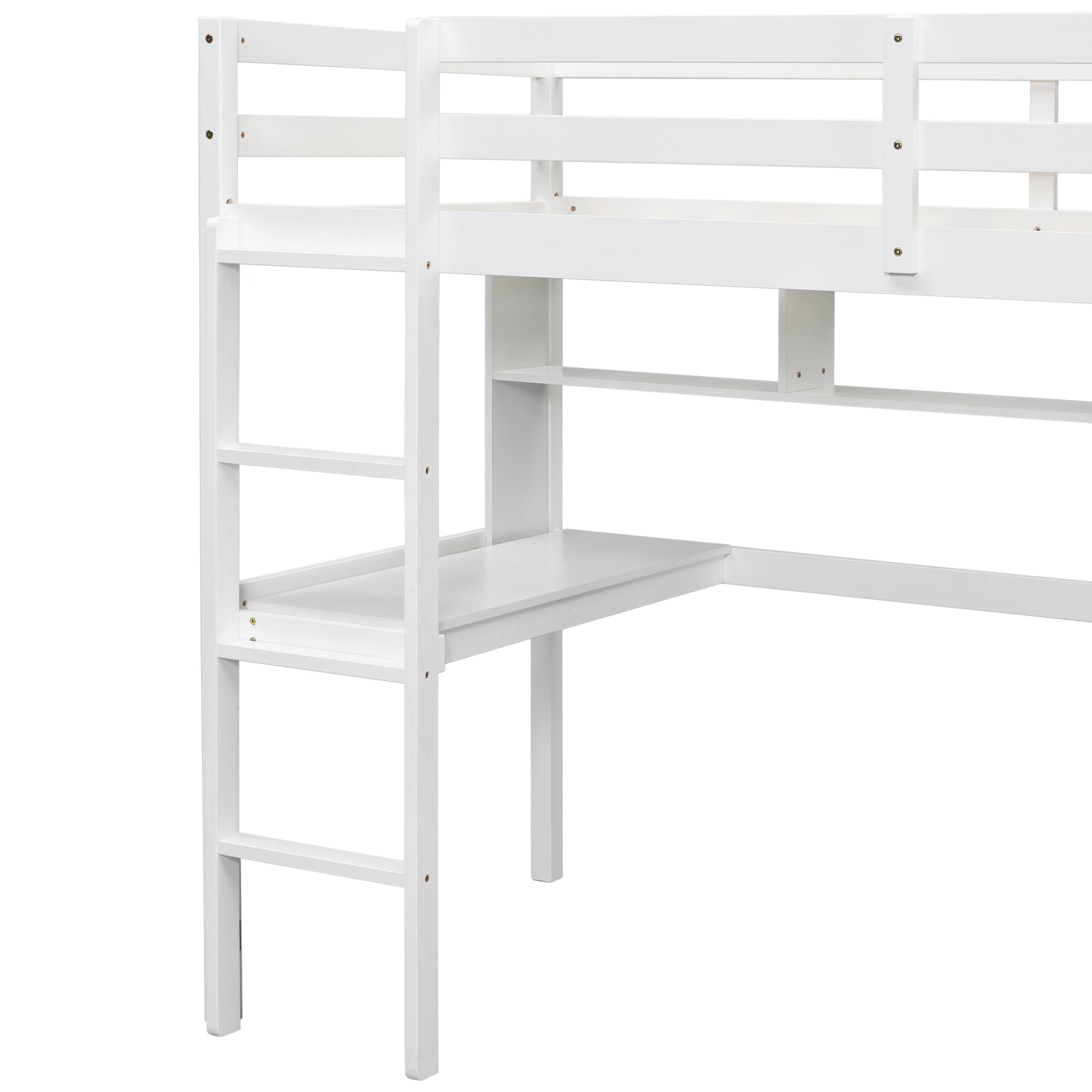 Twin Loft Bed with built-in desk and bookcase of three compartments, Guardrails and Ladder,White - Tampa Home & Garden Store